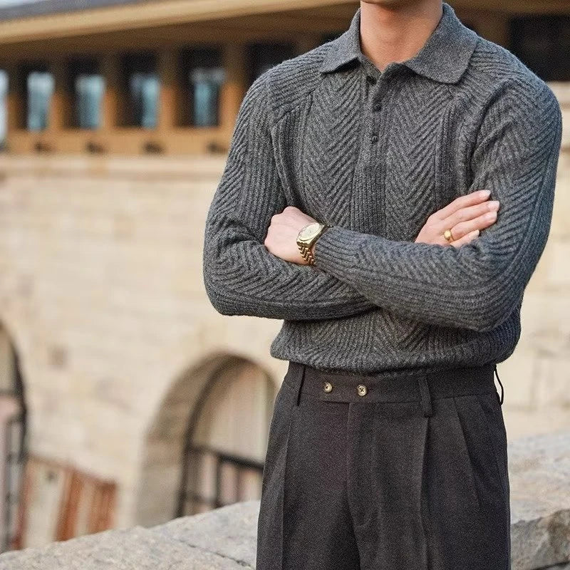 Premium men's thermal pullover in grey, black, and apricot colours with a tailored slim-fit silhouette
