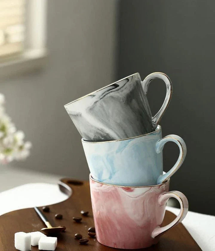 Elegant marble-inspired porcelain coffee mug with a sleek and sophisticated British design