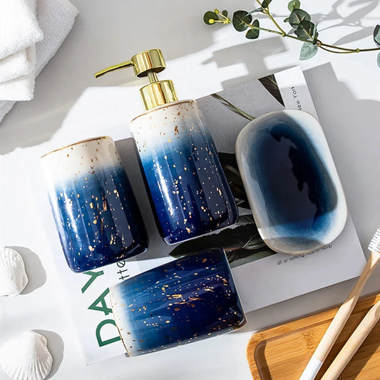 Luxury Ceramic Bathroom Accessory Set with shampoo dispenser, toothbrush cup, soap box, and versatile container in a modern, minimalist design