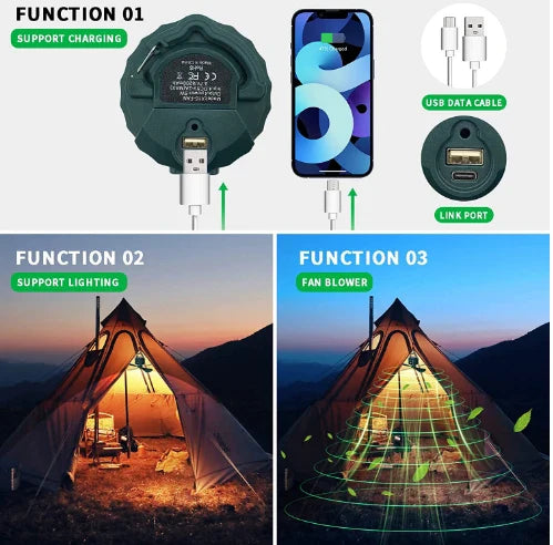 Premium camping tent with integrated fan and lamp in dark green colour