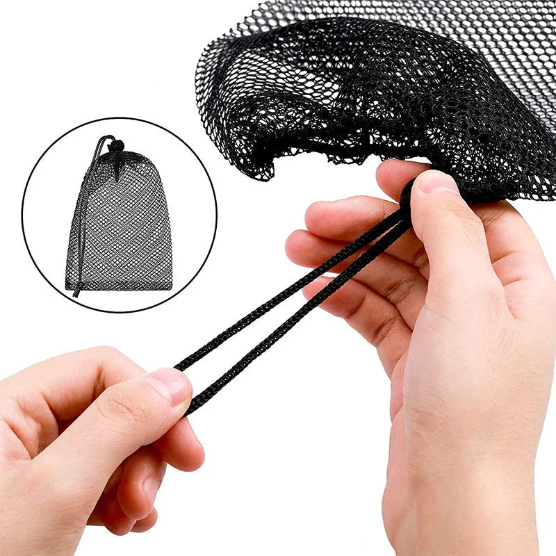 Multipurpose nylon mesh drawstring storage bag in two sizes for organising sports gear, laundry, and more