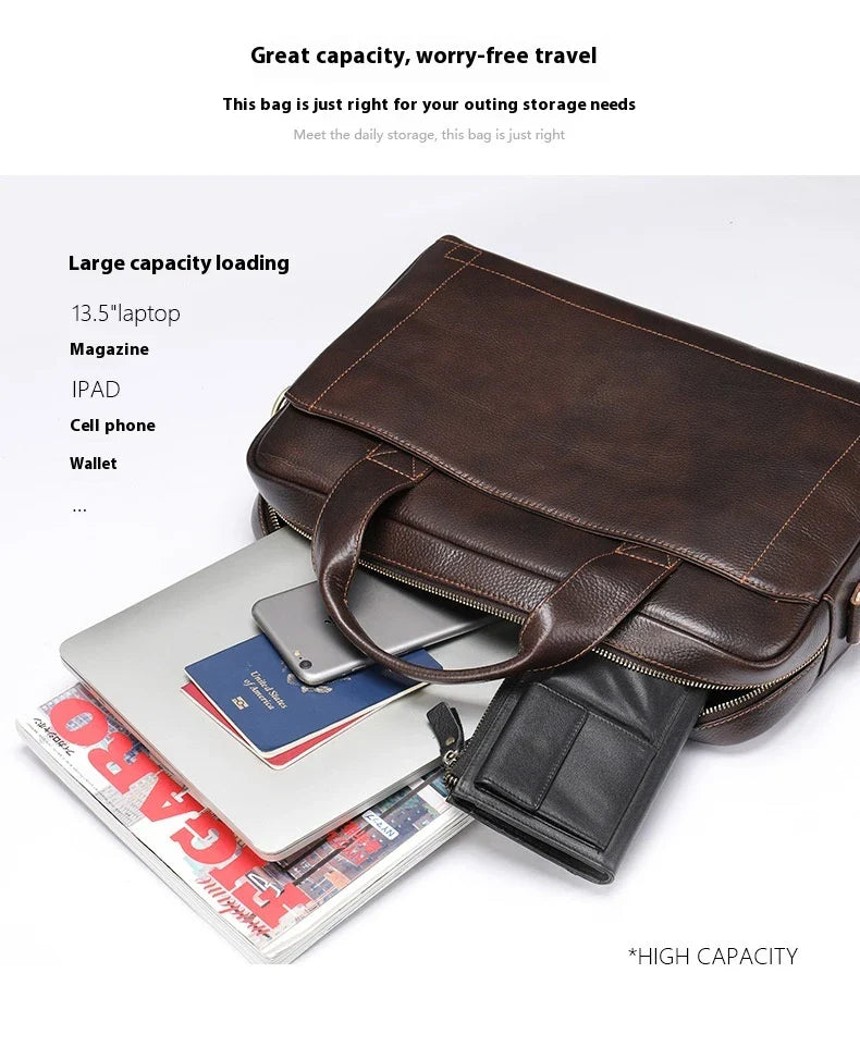 Men's genuine leather briefcase in dark coffee colour, featuring a spacious interior and adjustable shoulder strap for versatile carrying