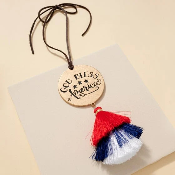 God Bless America Car Charm with Vibrant Red and Blue Tassels, Crafted with Premium Materials for Long-Lasting Use