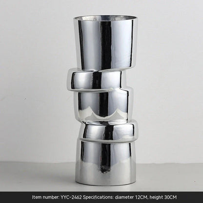 Electroplated silver glass vase with a modern, geometric design for home decor