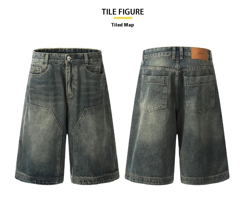 Relaxed-fit men's denim shorts in a vintage blue wash, featuring a wide-leg silhouette and adjustable waistband for maximum comfort.