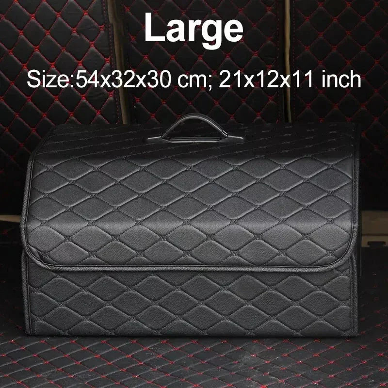 Premium collapsible leather car boot organiser in black, burgundy red, and black red colours