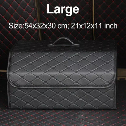 Premium collapsible leather car boot organiser in black, burgundy red, and black red colours