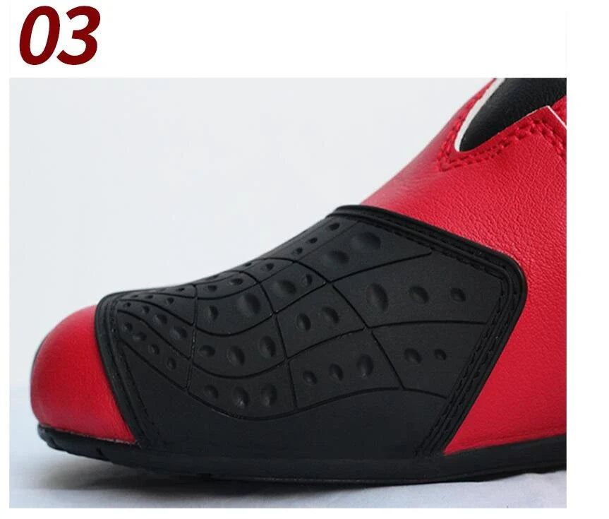 Premium motorcycle riding boots with durable microfiber leather, breathable mesh lining, and reinforced toe and heel for enhanced impact protection