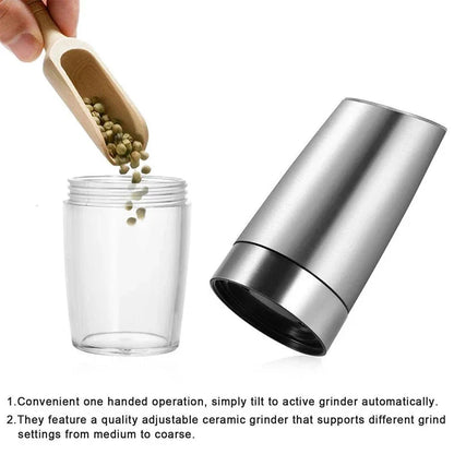 Premium electric automatic salt and pepper mill with adjustable coarseness, battery-operated, and LED light for precise seasoning