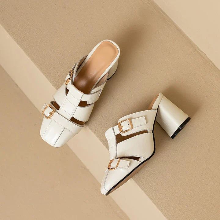Exquisite embroidered leather high heel slippers in khaki colour, showcasing intricate detailing and a stable square heel design for stylish summer wear