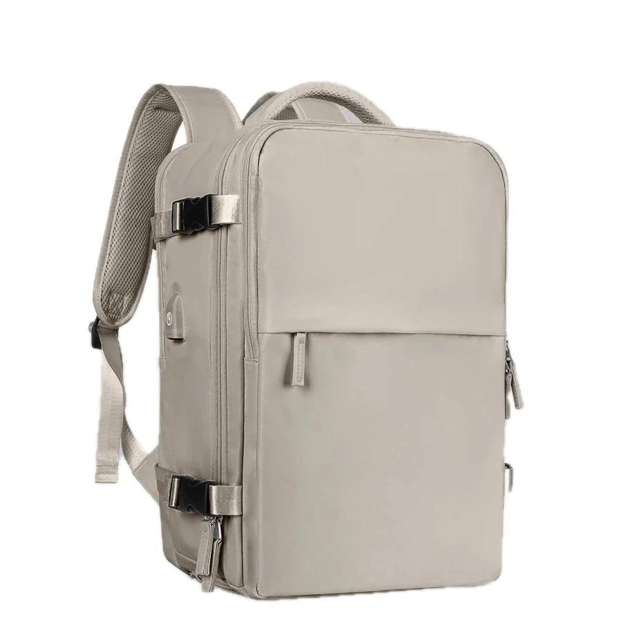 A premium white travel backpack with multiple compartments, designed for airline carry-on approval and weather protection.