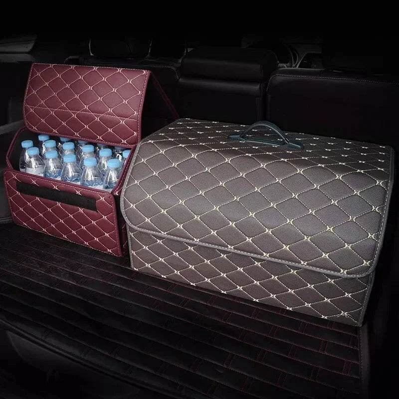 Premium collapsible leather car boot organiser in black, burgundy red, and black red colours