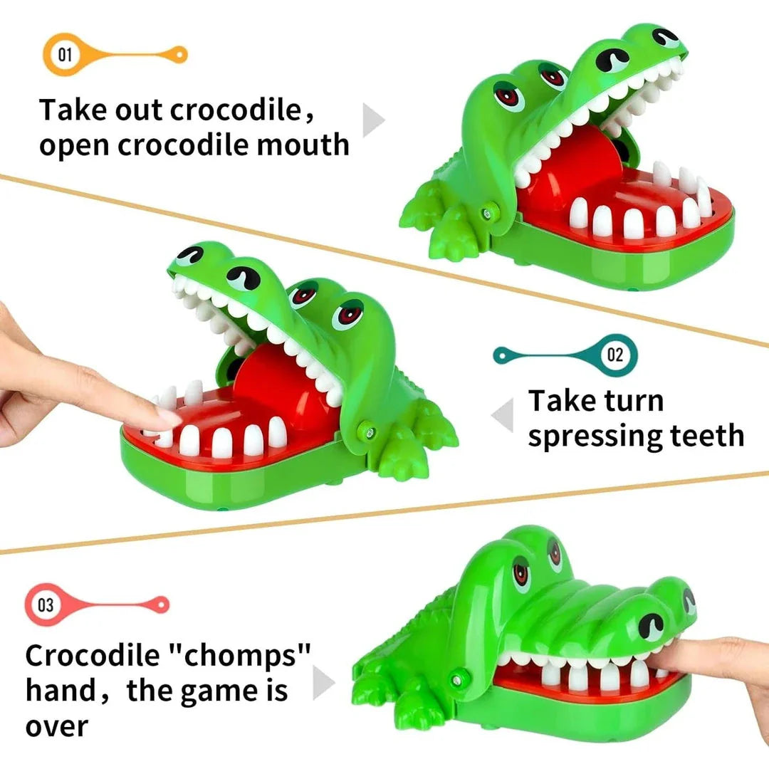 Whimsical green crocodile dentist game with bulging eyes and teeth, perfect for family fun and children's parties
