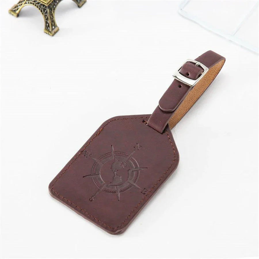 Compass Leather Luggage Tag with Geometric Pattern, Durable PU Leather, and Clear Identification Window