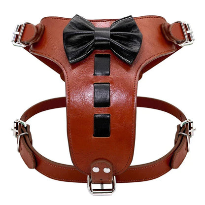 Premium genuine leather dog harness with a charming bowknot accessory, designed for medium to large breed dogs