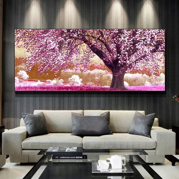 Exquisite forest landscape painting with blooming flowers and rich, verdant trees
