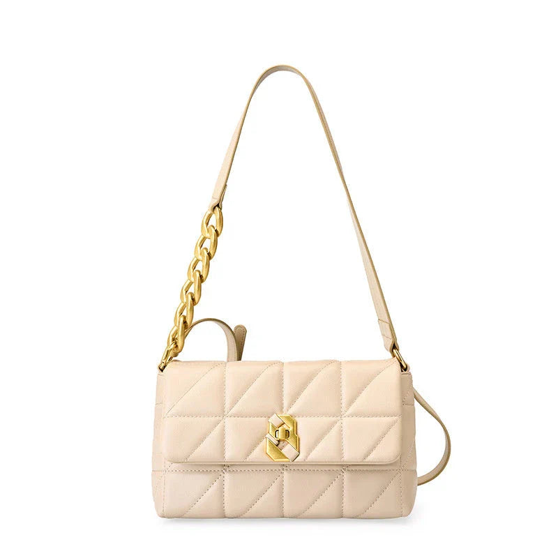 Premium genuine leather crossbody bag in a classic white colour, featuring an adjustable strap and a spacious interior with a zipper pocket.
