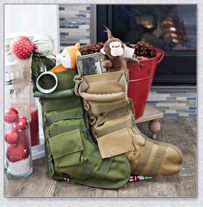 Elite Tactical Christmas Stocking with vertical zipper, carry handle, and customisable storage pouch, perfect for outdoor and tactical gear enthusiasts in the UK