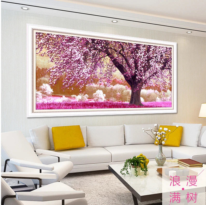 Exquisite forest landscape painting with blooming flowers and rich, verdant trees