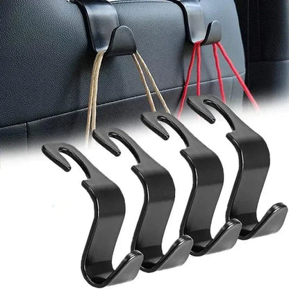 Premium 4-pack car seat headrest hooks in black, designed to organise and declutter UK drivers' vehicles