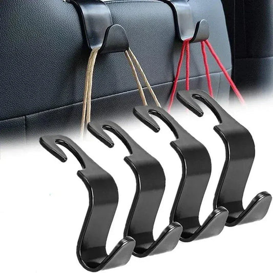 Premium 4-pack car seat headrest hooks in black, designed to organise and declutter UK drivers' vehicles