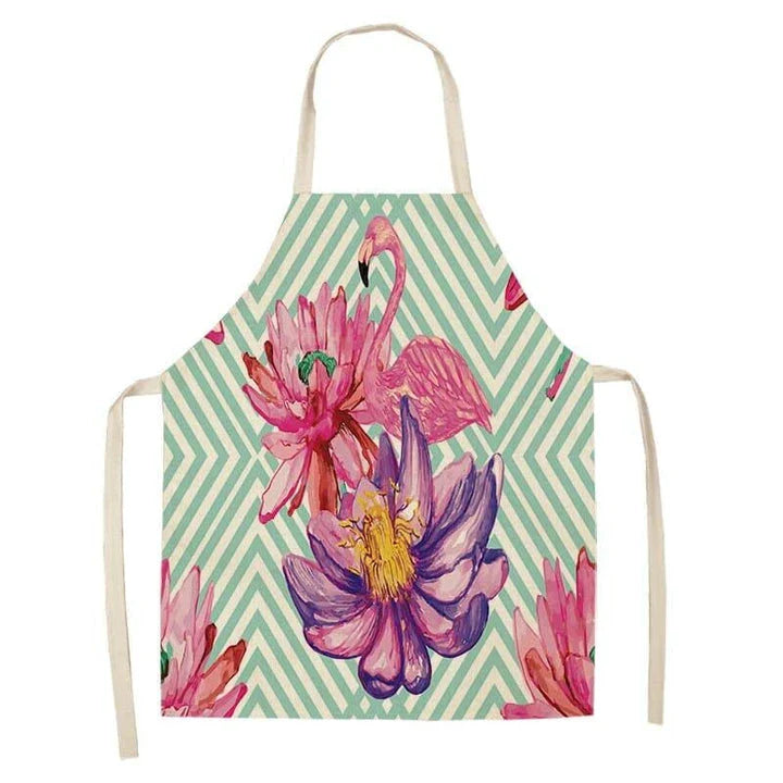 Flamingo Print Apron with Adjustable Neck Strap and Waist Ties, Made of Cotton and Linen Blend