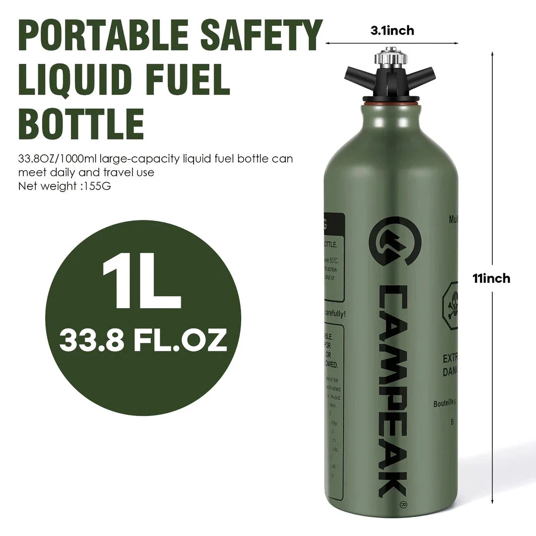 Portable aluminium liquid fuel storage bottle with safety cap and venting pipe, perfect for camping, hiking, and outdoor adventures
