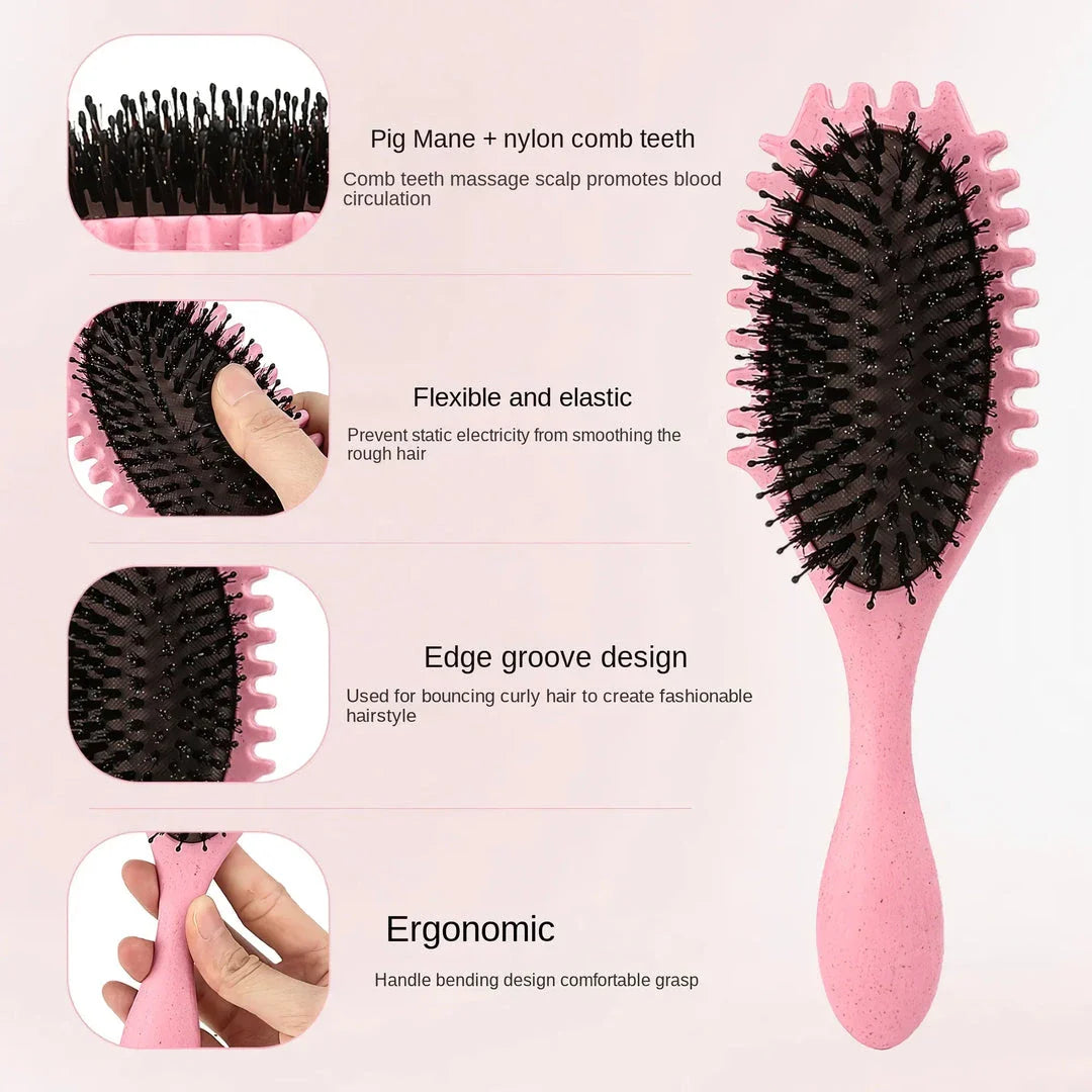 Boar Bristle Curl Defining Detangling Hair Brush in pink colour