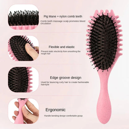 Boar Bristle Curl Defining Detangling Hair Brush in pink colour