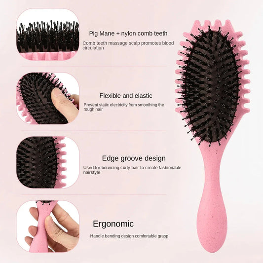 Boar Bristle Curl Defining Detangling Hair Brush in pink colour