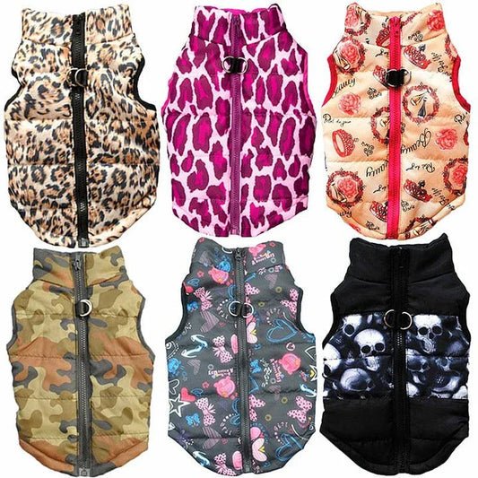 A cosy and stylish winter jacket for pets, featuring vibrant printed patterns and a snug, comfortable fit.