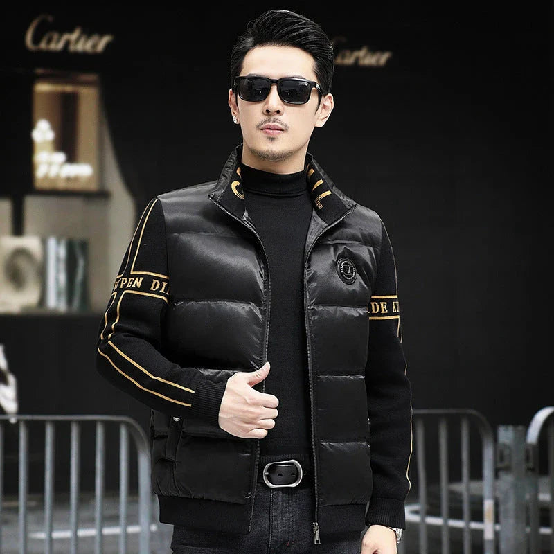 Warm and weatherproof men's down jacket with stand collar and knitted sleeves, made from premium polyester fibre and filled with luxurious duck down
