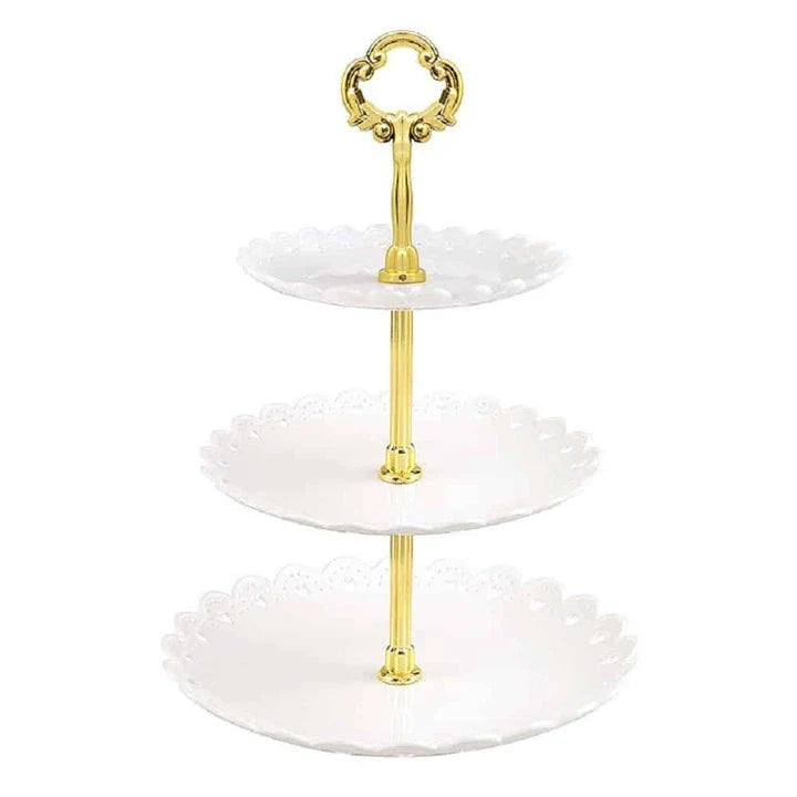 A vibrant multicoloured cake stand made of premium durable plastic, designed to elegantly display desserts and baked goods.