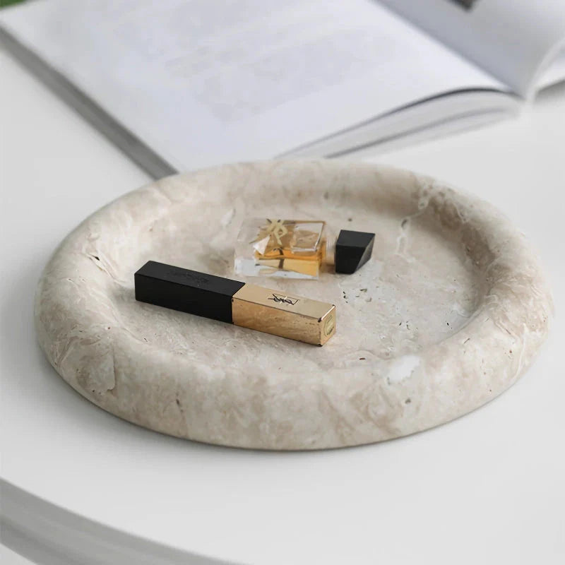 Elegant travertine serving tray with a smooth, round design and neutral beige colour for versatile home decor use