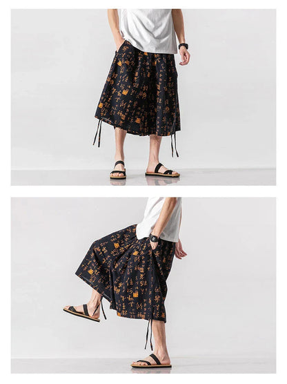 Men's loose-fitting Chinese-inspired cropped pants with a dragon or elephant floral pattern in navy blue, red, or coffee colours