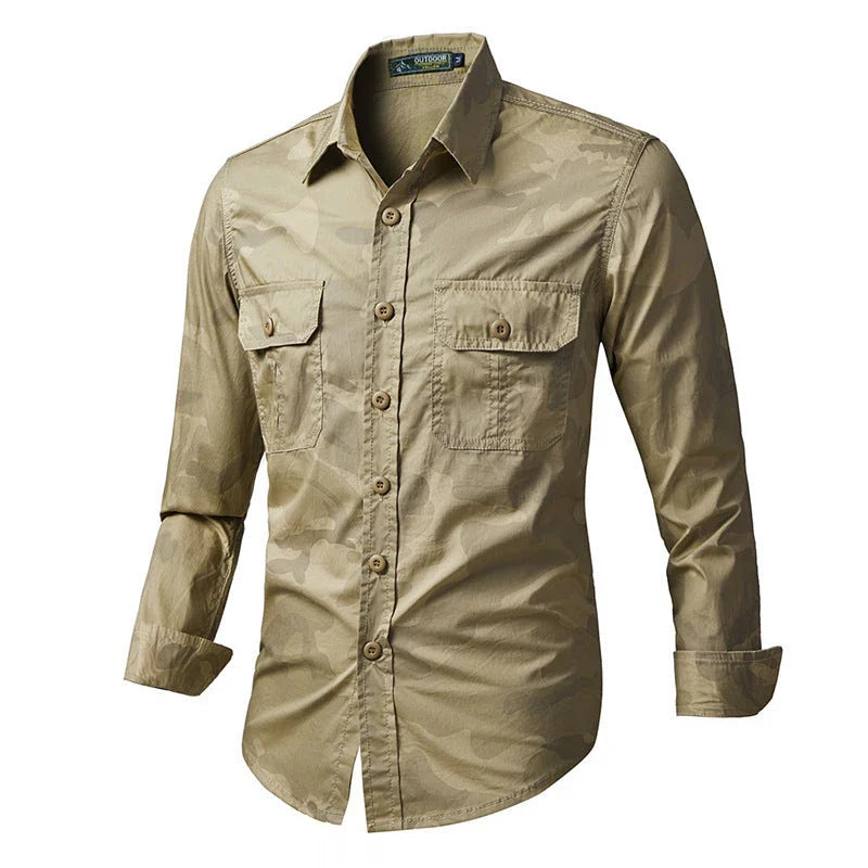 Men's long sleeve casual overalls shirt in army green, khaki, and grey colours with Japanese-inspired lapel design