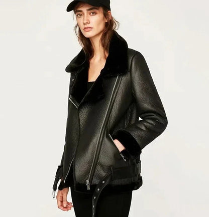 Stylish ladies' PU leather jacket with trendy belt in black colour