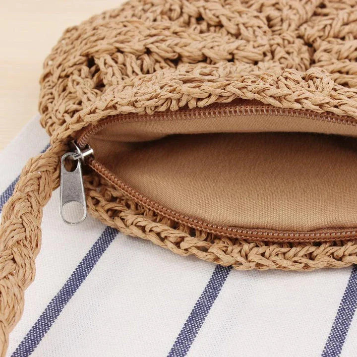 Bohemian Rattan Round Crossbody Bag in Beige Colour with Playful Tassel Accent