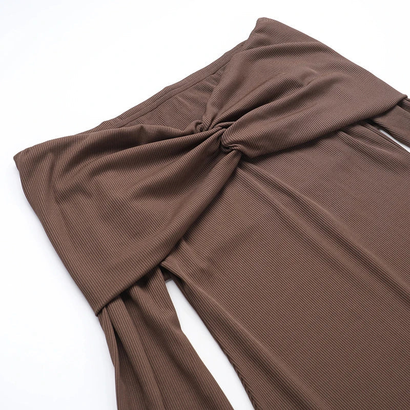 Trendha Slim-Fit Pleated Off-Shoulder Dress in Brown with Long Sleeves
