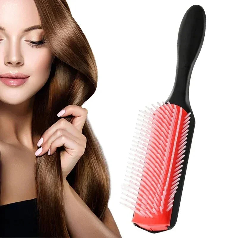 Premium 9-Row Detangling Hair Brush with Soft Nylon Bristles and Ergonomic Rubber Handle for Effortless Styling and Scalp Massage