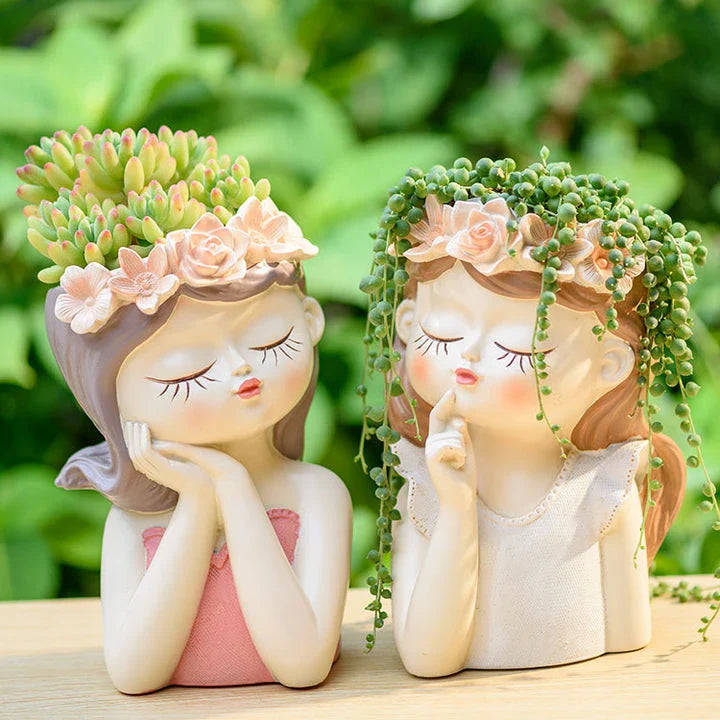 Charming 7.8-inch fairy girl planter made of high-quality resin with hand-painted details, perfect for succulents and small plants