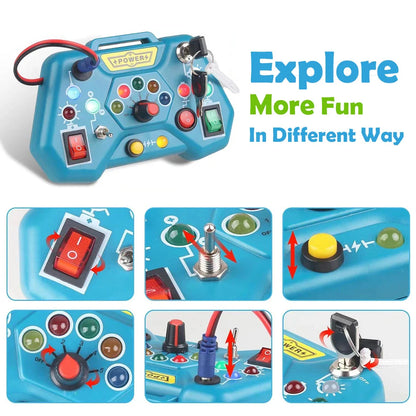 Montessori busy board educational toy for toddlers with various interactive features