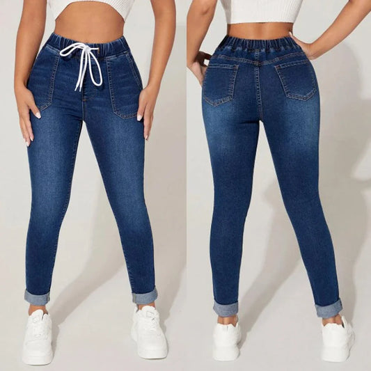 Premium navy blue drawstring waist skinny jeans with a vintage-inspired stone-washed finish