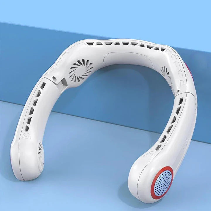 Portable Foldable Hanging Neck Fan with four powerful motors for high-velocity wind flow and long-lasting battery
