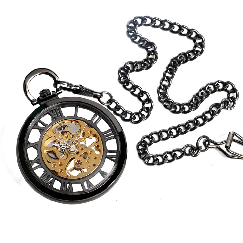 Classic double-sided mechanical pocket watch with transparent cutout design and Roman numeral dial