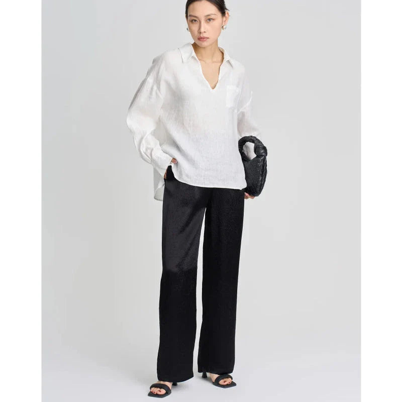 Premium linen v-neck long sleeve shirt for women in khaki colour, featuring breathable fabric and wrinkle-resistant design.