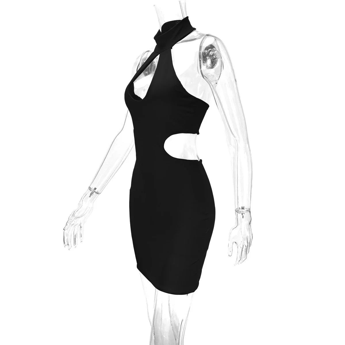 A chic backless halter dress made from premium milk silk with cut-outs at the hips, perfect for formal or semi-formal events.
