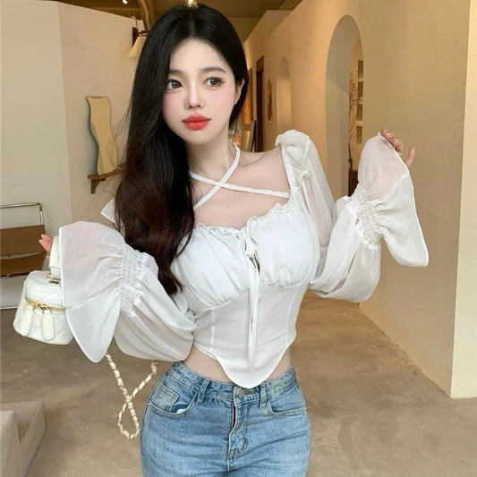 Elegant chiffon shirt with stylish ruffled neckline, available in white, black, and coffee colours