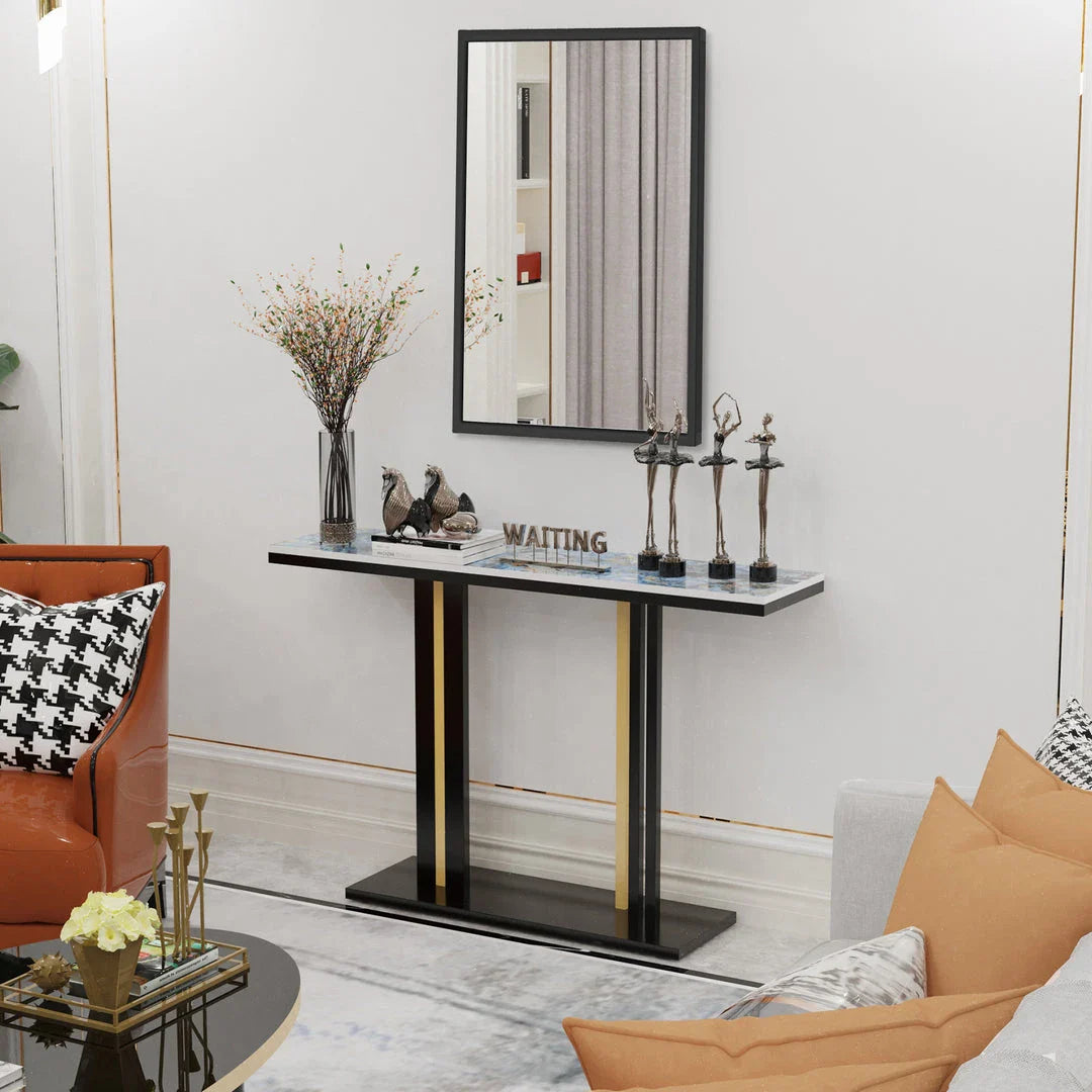 Sophisticated black metal framed wall mirror with rounded corners, reflecting a bright and spacious room