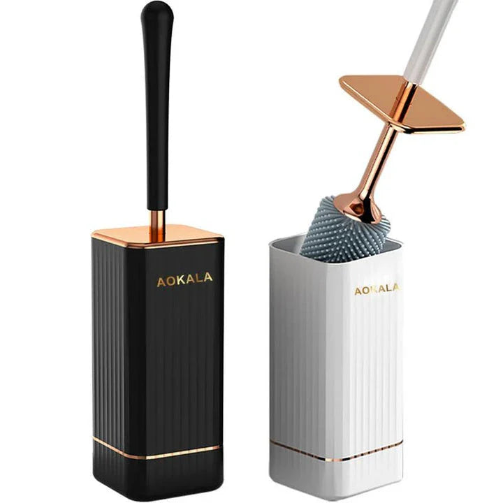 Premium silicone toilet brush and holder set in black and white with rose gold accents, designed for effortless bathroom cleaning and elegant decor